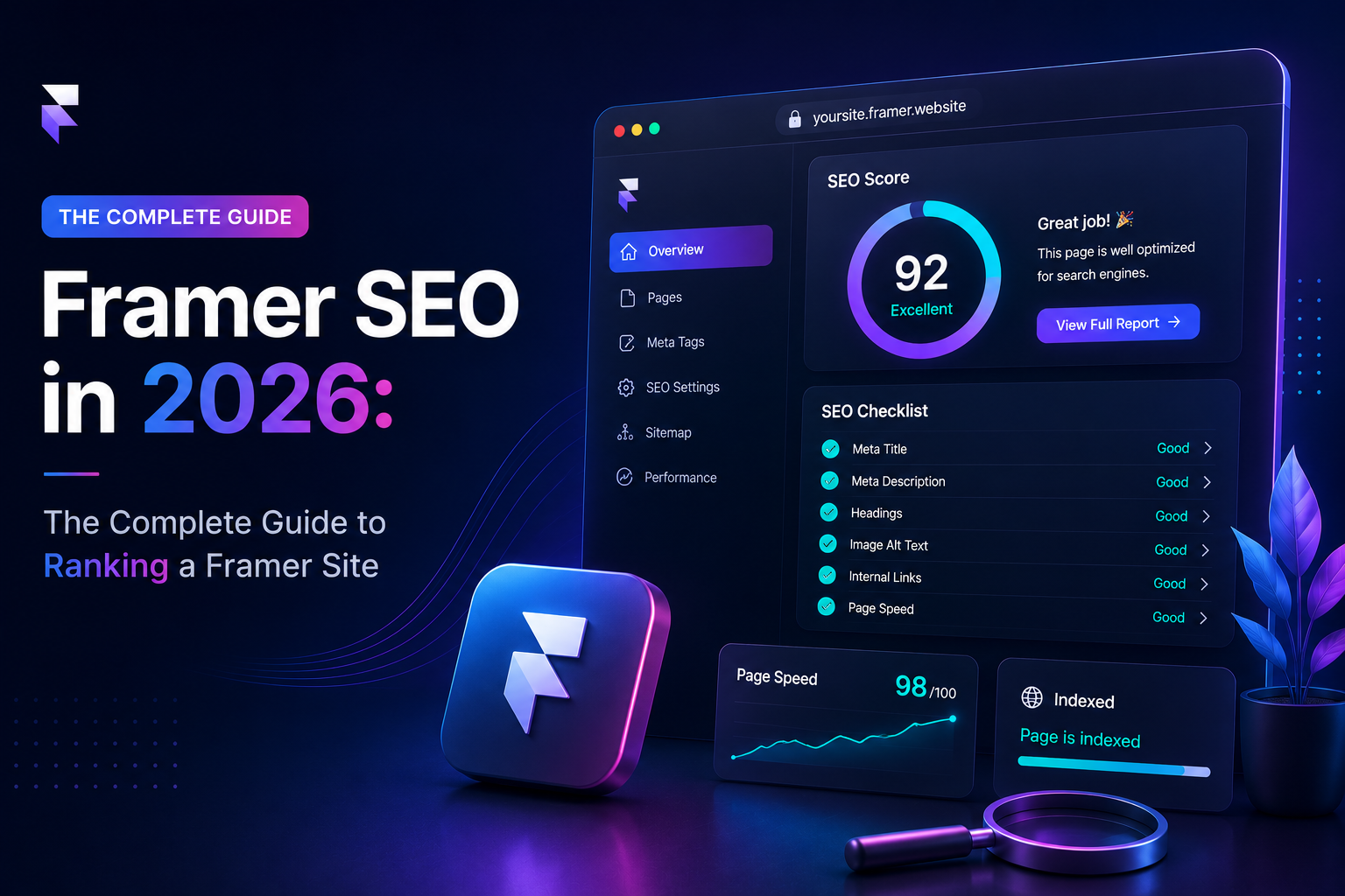 Framer SEO in 2026 — the SEO Toolkit dashboard scoring a page 92 out of 100